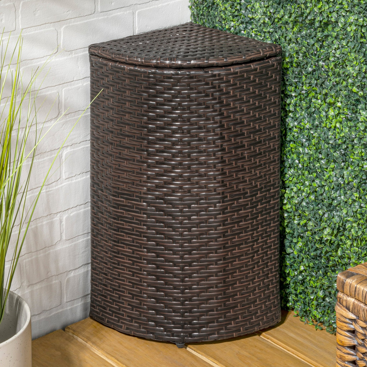 Chloe all - weather wicker/metal corner hideaway outdoor trash can - Tuesday Morning - Outdoor Trash Cans