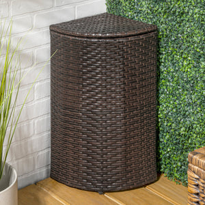 Chloe all - weather wicker/metal corner hideaway outdoor trash can - Tuesday Morning - Outdoor Trash Cans