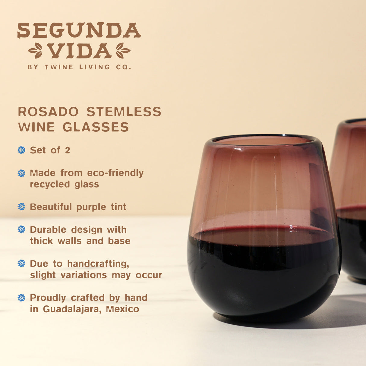 Rosado recycled stemless wine glass set by twine living