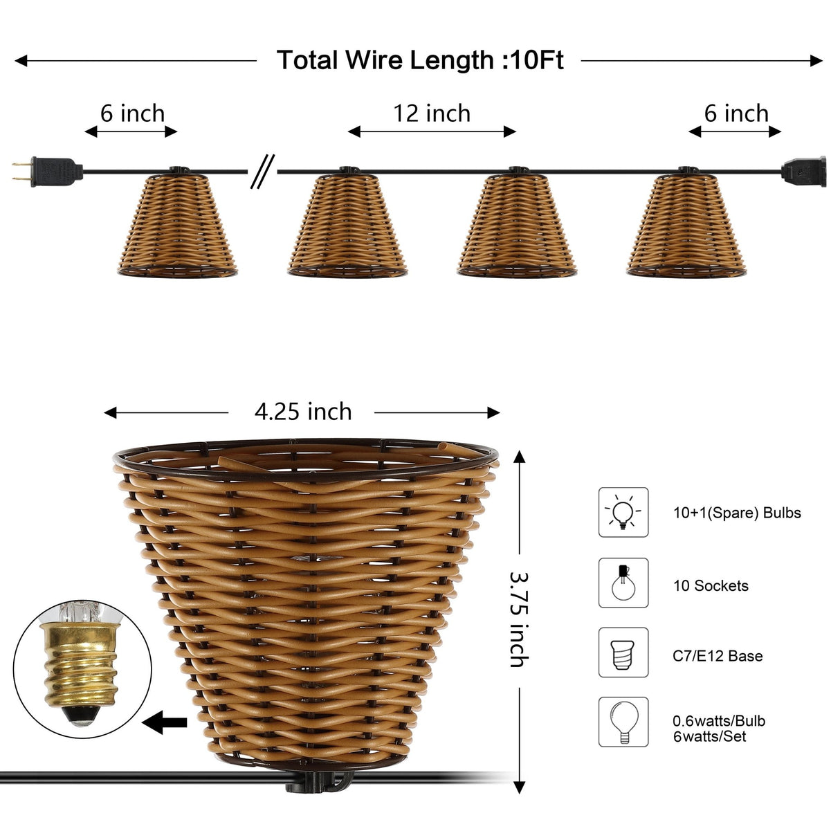 Classic Rattan - Shade Outdoor String Lights – 10 - Foot Strand - Tuesday Morning - Outdoor Lighting