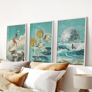 Retro Coastal Surfing Wall Art Set of 3. Surreal Blue Wave