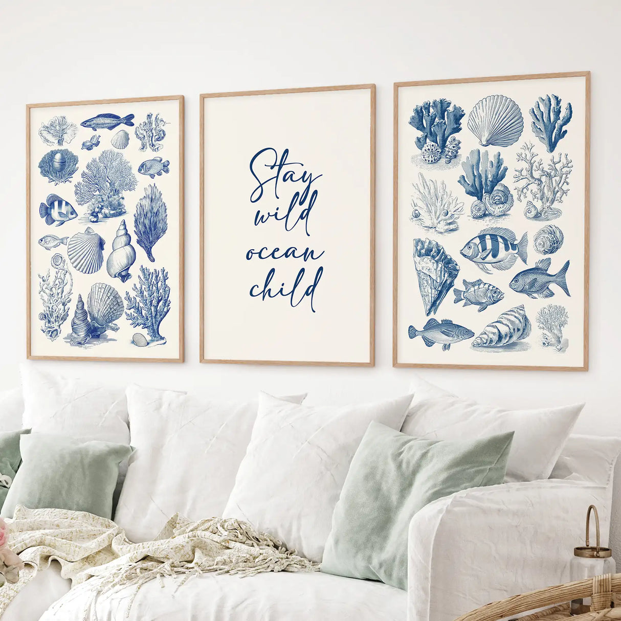 Coastal Sea Life Prints. Blue Sea Shells and Fish Print Set