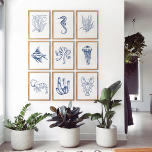 Coastal Nautical Set of 9. Navy Blue Sea Life Prints