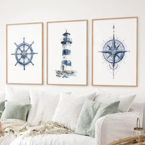 Navy Blue Nautical 3 Piece Art. Lighthouse, Compass Prints