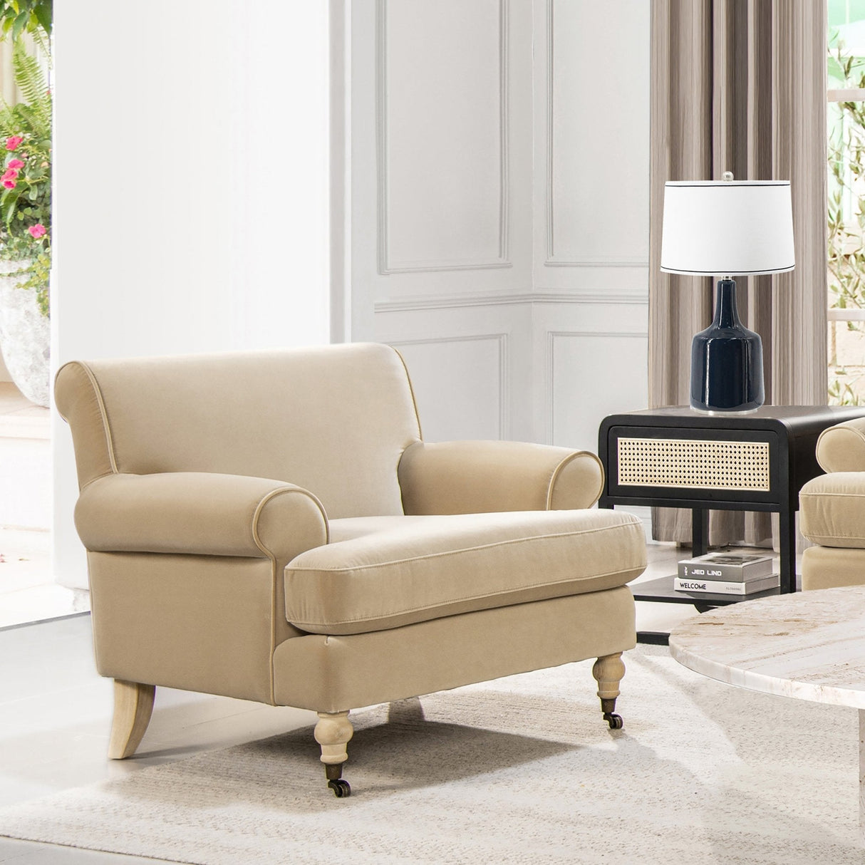 Cobaltex Upholstered Arm Chair with Metal Casters and Rolled Arms - Accent Chairs