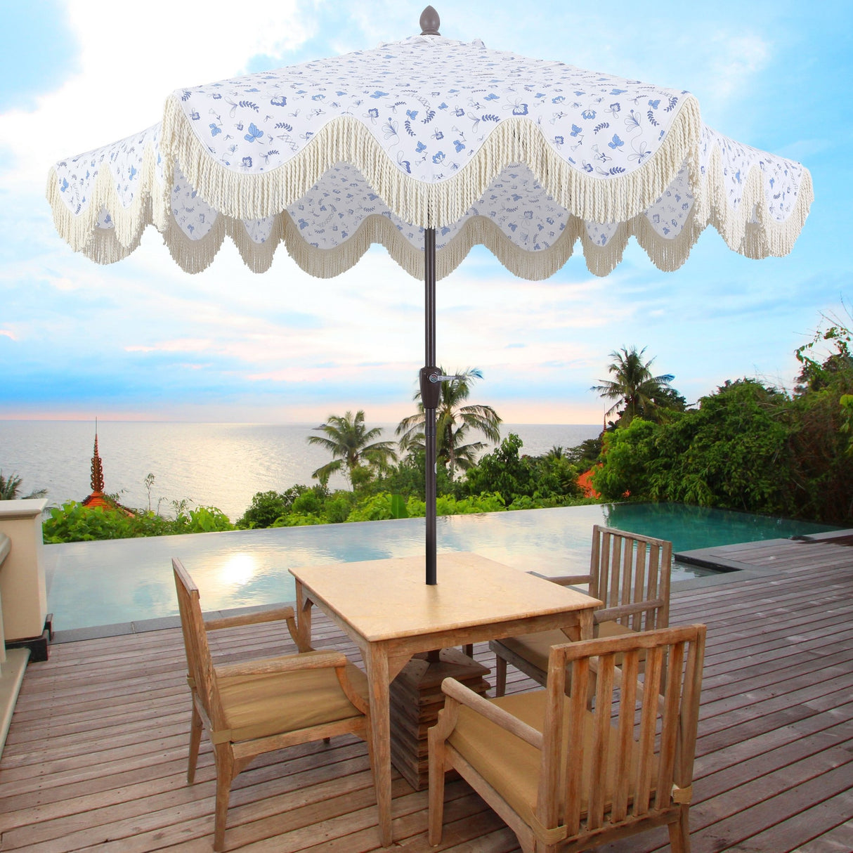 Collins classic cottage tassel market patio umbrella with auto - tilt - Tuesday Morning - Umbrellas & Sunshades