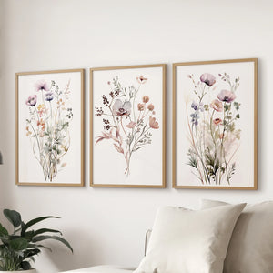 Soft Wildflower Wall Art. Set of 3 Muted Floral Prints