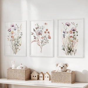 Soft Wildflower Wall Art. Set of 3 Muted Floral Prints