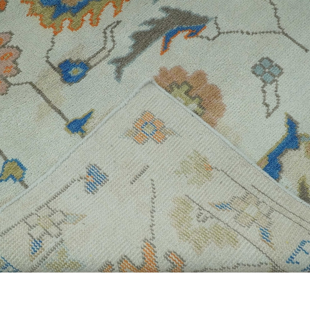 Colorful Ivory, Blue, Orange and Olive Hand Knotted Traditional Oriental Oushak Custom Made wool area Rug
