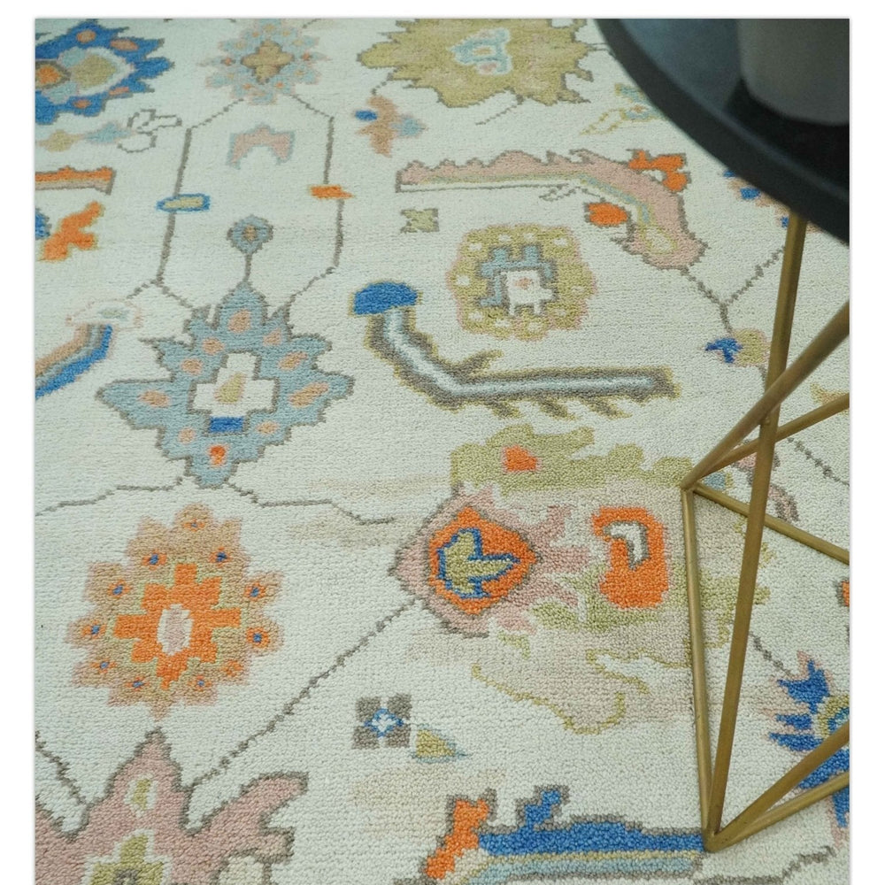 Colorful Ivory, Blue, Orange and Olive Hand Knotted Traditional Oriental Oushak Custom Made wool area Rug