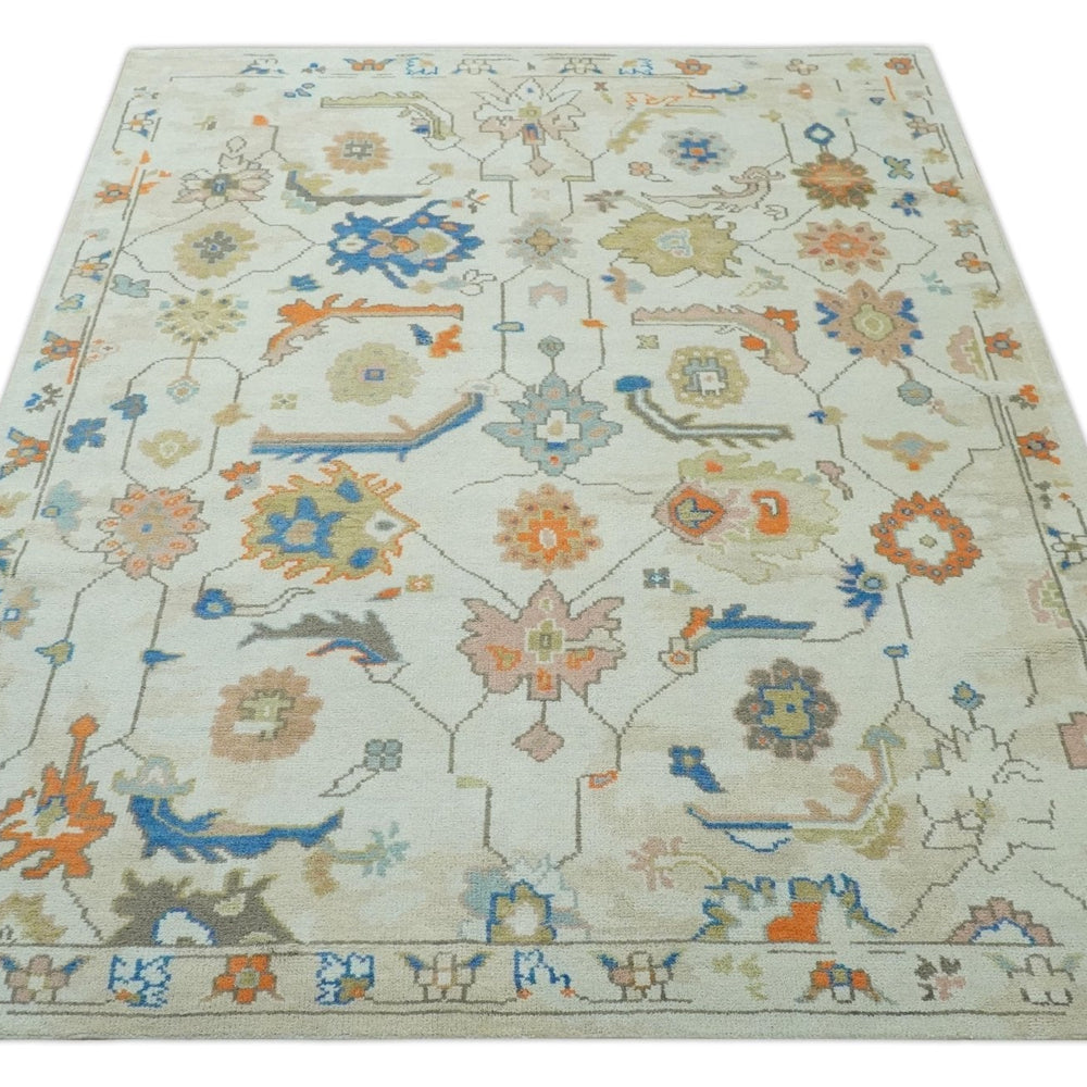 Colorful Ivory, Blue, Orange and Olive Hand Knotted Traditional Oriental Oushak Custom Made wool area Rug