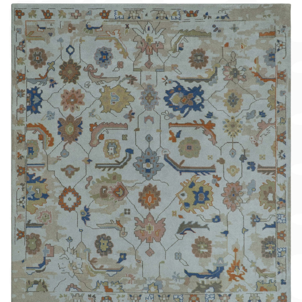 Colorful Ivory, Blue, Orange and Olive Hand Knotted Traditional Oriental Oushak Custom Made wool area Rug
