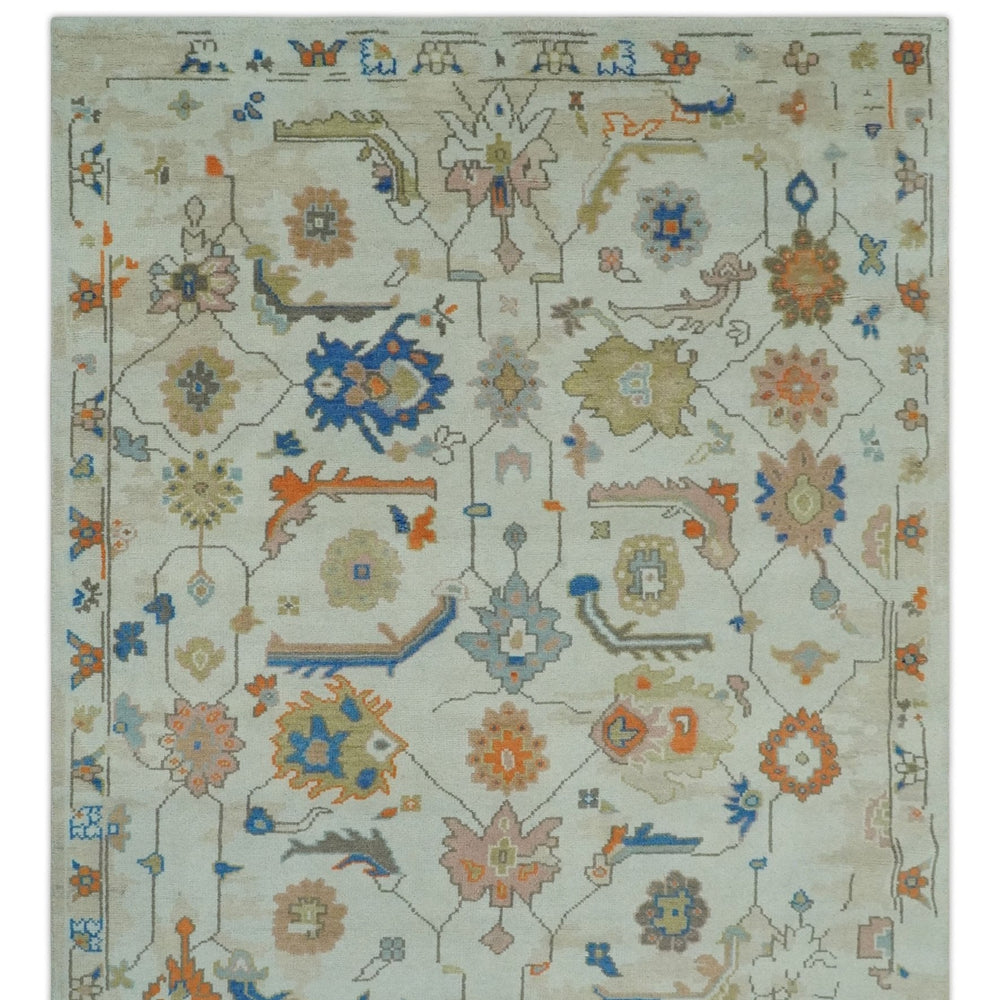 Colorful Ivory, Blue, Orange and Olive Hand Knotted Traditional Oriental Oushak Custom Made wool area Rug