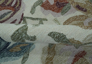Colorful Ivory, Olive and Brown 8x10 Floral Design Hand Tufted wool Rug
