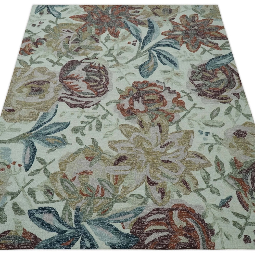 Colorful Ivory, Olive and Brown 8x10 Floral Design Hand Tufted wool Rug