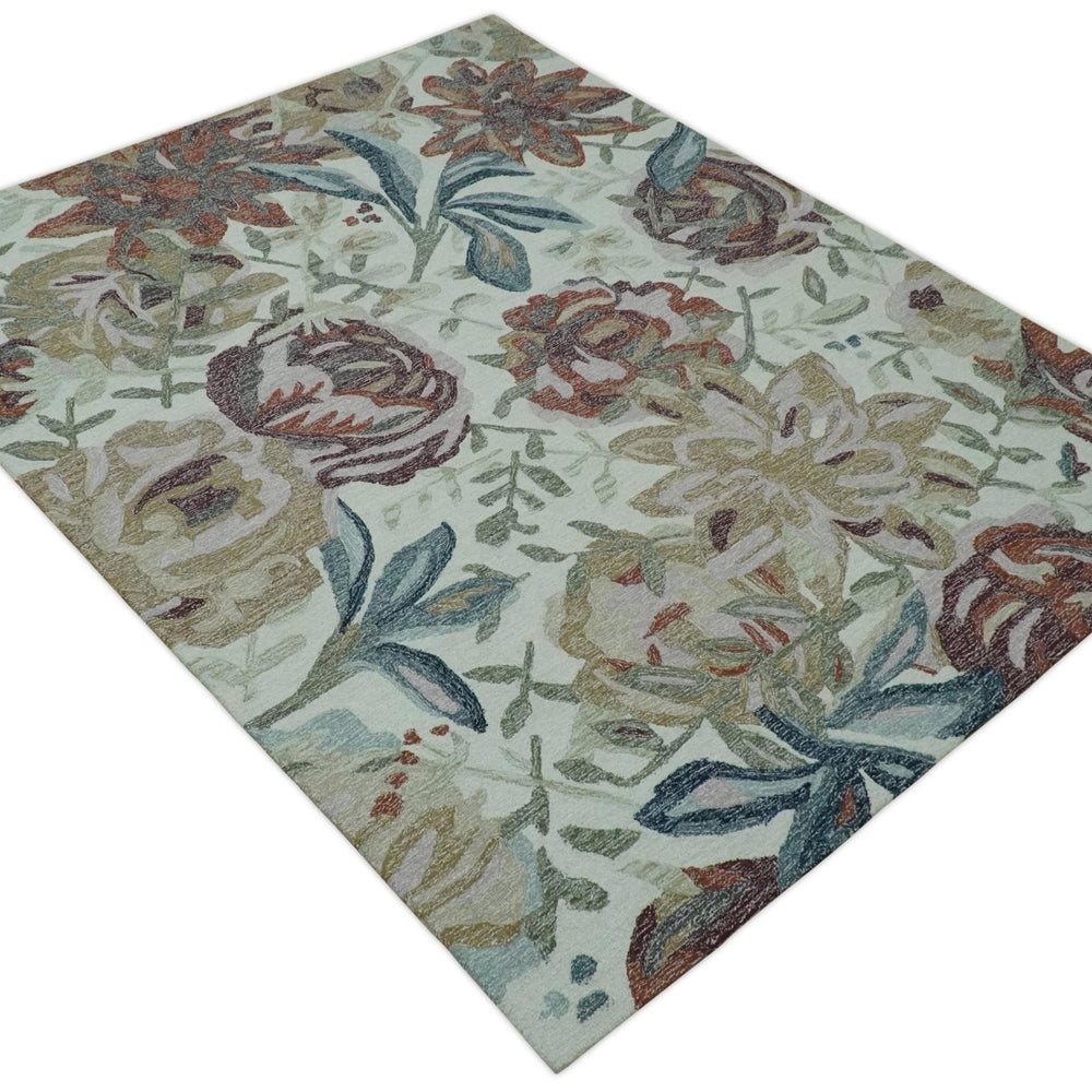 Colorful Ivory, Olive and Brown Floral Design Hand Tufted Custom Made wool Rug
