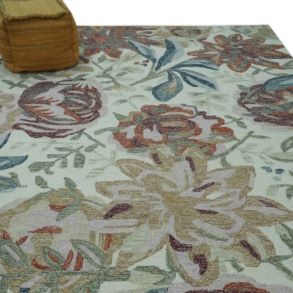 Colorful Ivory, Olive and Brown Floral Design Hand Tufted Custom Made wool Rug