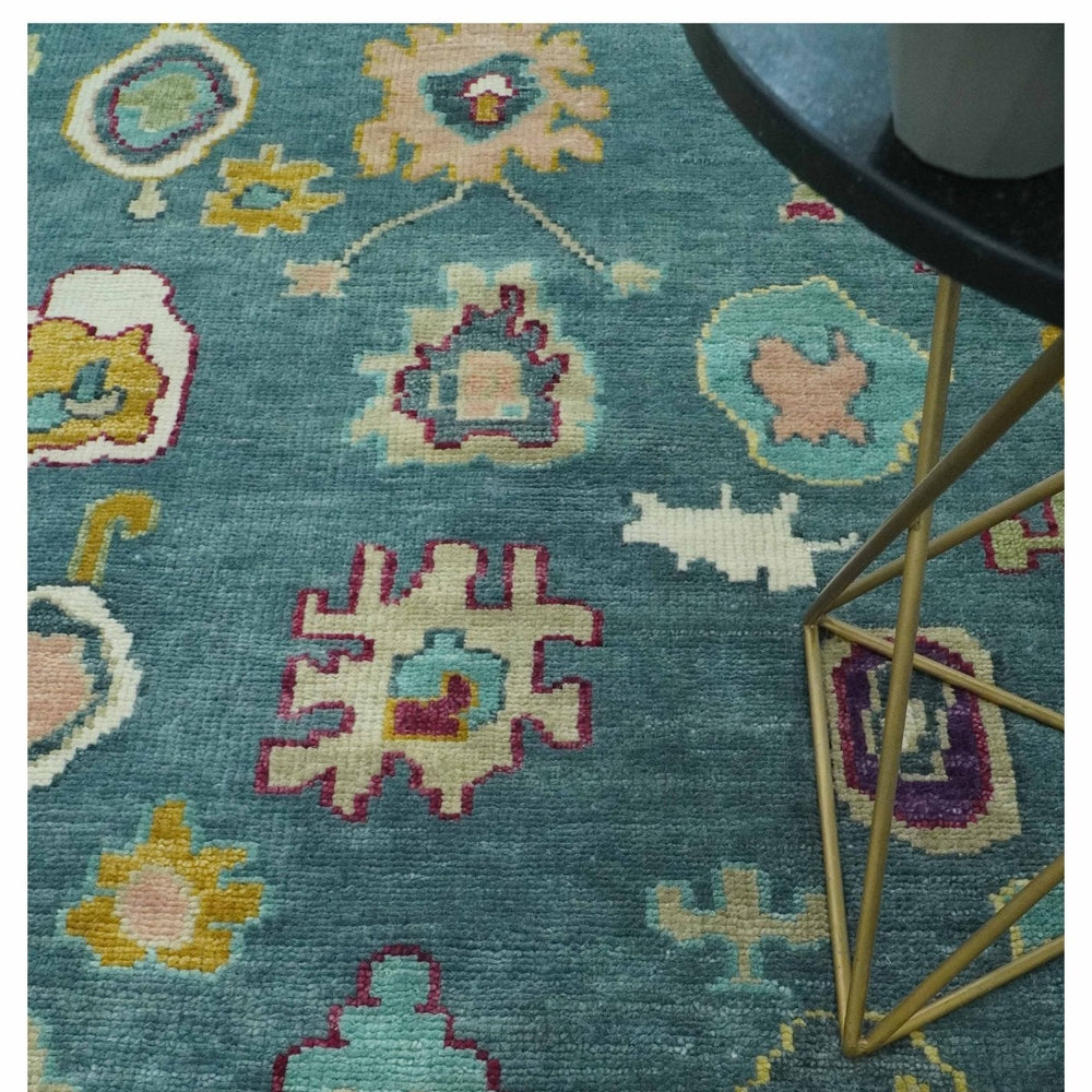 Colorful Teal, Ivory, Purple and Mustard Hand Knotted Traditional Oushak 8x10 wool Area Rug