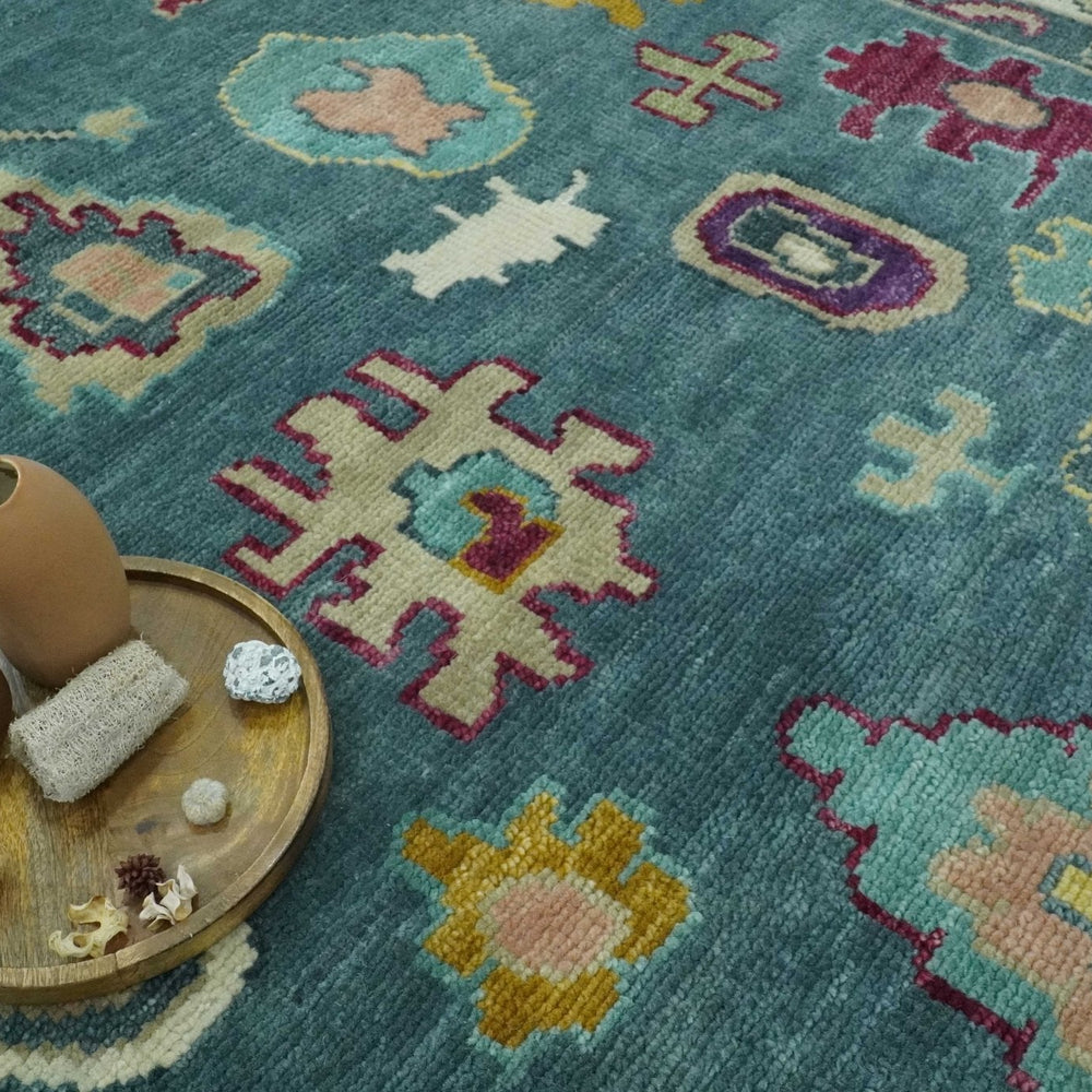 Colorful Teal, Ivory, Purple and Mustard Hand Knotted Traditional Oushak 8x10 wool Area Rug