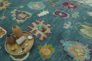 Colorful Teal, Ivory, Purple and Mustard Hand Knotted Traditional Oushak 8x10 wool Area Rug