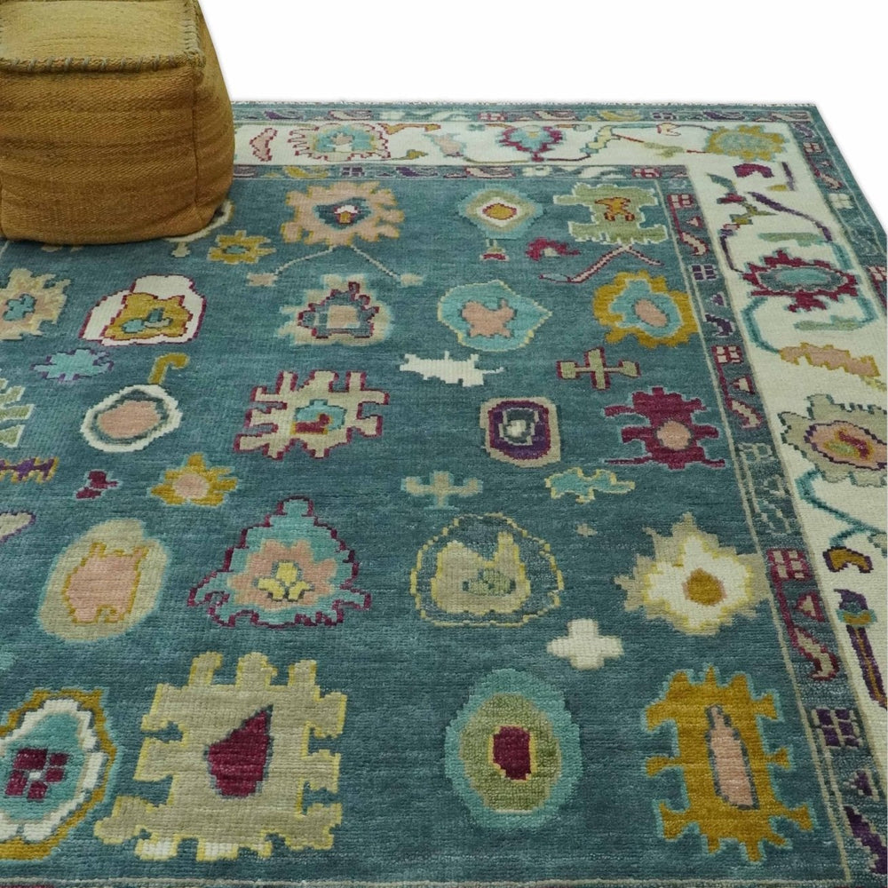 Colorful Teal, Ivory, Purple and Mustard Hand Knotted Traditional Oushak 8x10 wool Area Rug