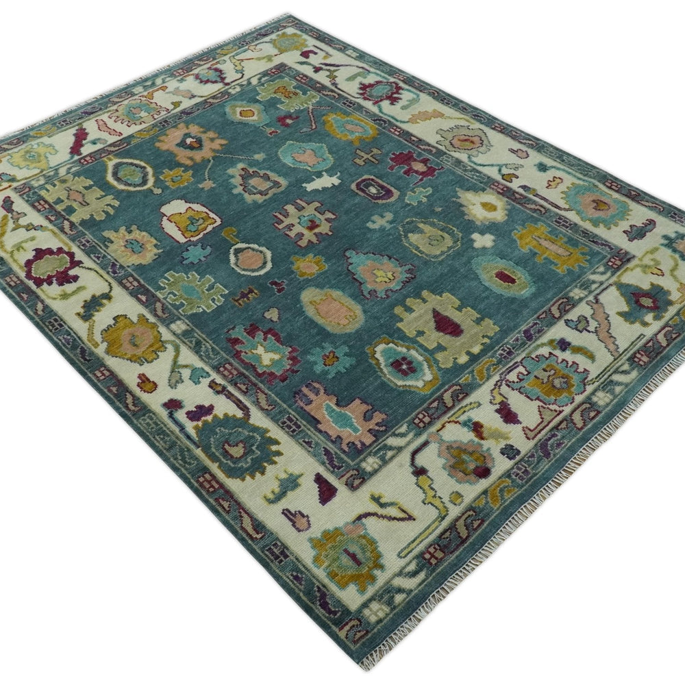 Colorful Teal, Ivory, Purple and Mustard Hand Knotted Traditional Oushak 8x10 wool Area Rug