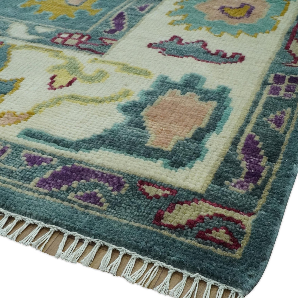 Colorful Teal, Ivory, Purple and Mustard Hand Knotted Traditional Oushak 8x10 wool Area Rug