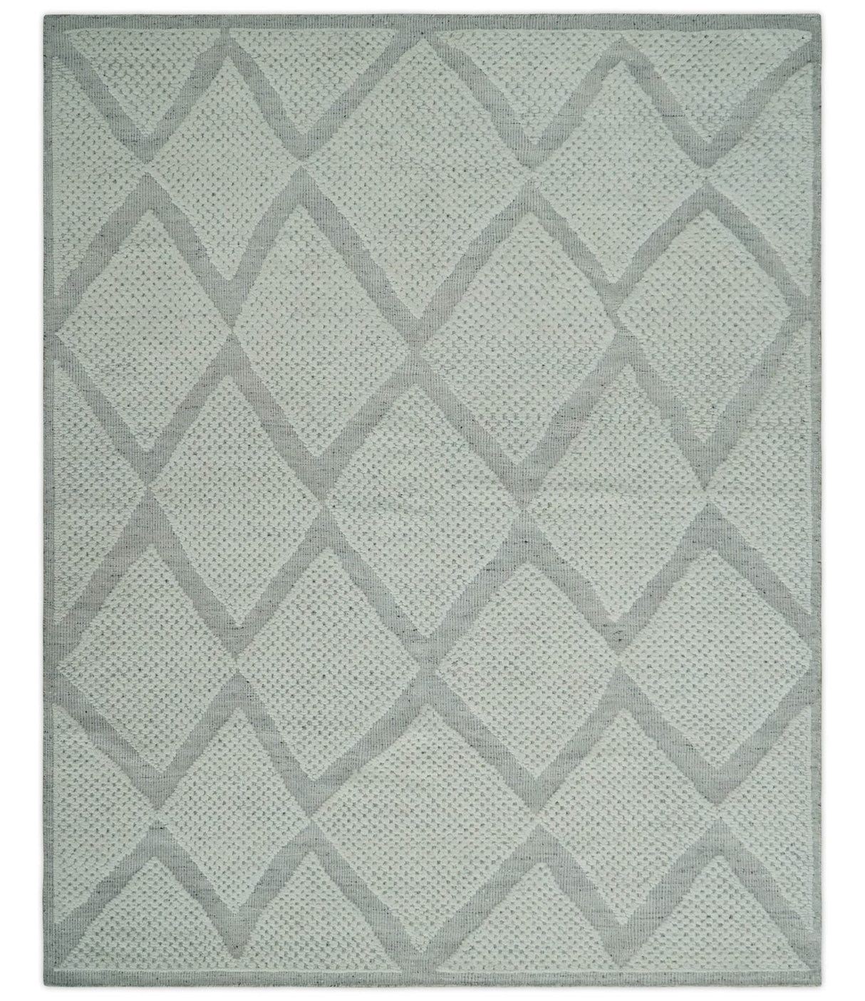 Contemporary 8x10 Ivory and Silver Traditional Geometrical Pattern Hand Knotted Wool Area Rug