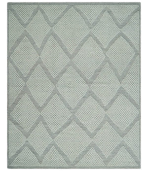 Contemporary 8x10 Ivory and Silver Traditional Geometrical Pattern Hand Knotted Wool Area Rug