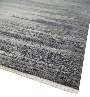 Contemporary Abstract 9x12 Hand Knotted Silver and Charcoal Wool and Bamboo Silk Area Rug
