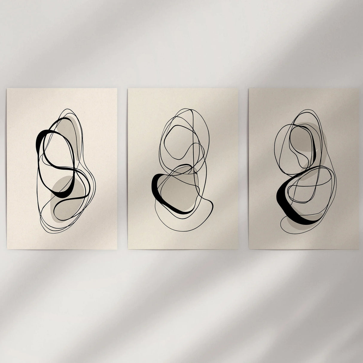 Black and Beige Abstract Set of 3 Wall Art. Minimalist Lines