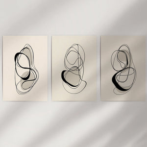 Black and Beige Abstract Set of 3 Wall Art. Minimalist Lines