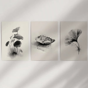Minimalist Japanese Set of 3 Prints. Black and White Flowers Decor