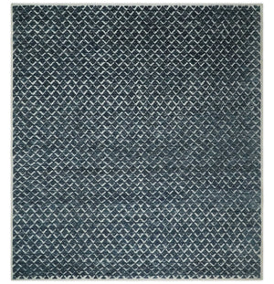 Contemporary Blue, Charcoal and Ivory Hand carved Geometrical Design Hand knotted wool Area Rug