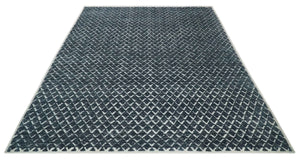 Contemporary Blue, Charcoal and Ivory Hand carved Geometrical Design Hand knotted wool Area Rug