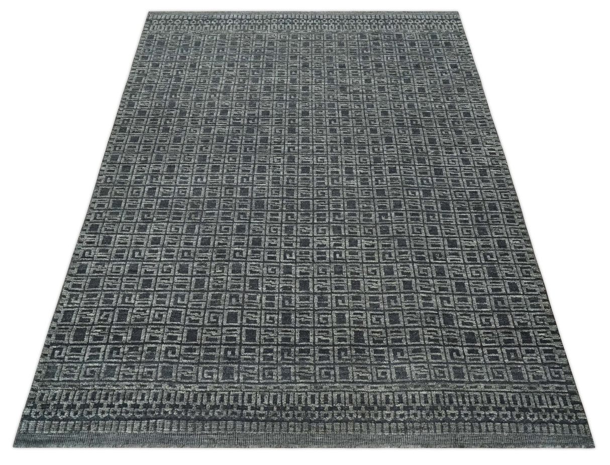 Contemporary Hand carved 8x10 Silver and Charcoal Traditional Geometrical Pattern Hand Knotted Wool Area Rug