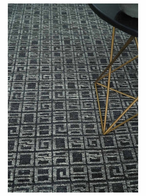Contemporary Hand carved 8x10 Silver and Charcoal Traditional Geometrical Pattern Hand Knotted Wool Area Rug