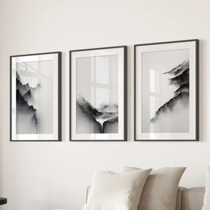 Black White Mountain Landscape Art Set of 3. Calming Nature