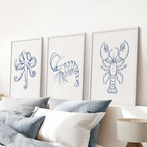 Octopus, Lobster, Crayfish Wall Art. Trendy Set of 3 Prints