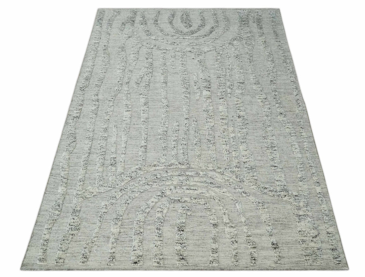 Contemporary Pattern Hand knotted High Low Ivory and Charcoal 8x10 wool Area Rug