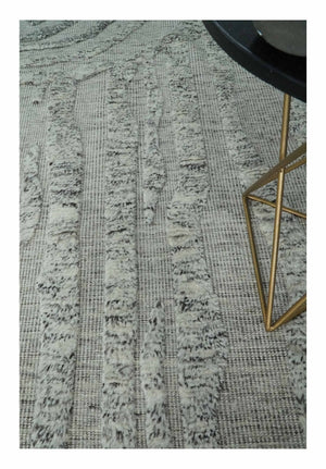 Contemporary Pattern Hand knotted High Low Ivory and Charcoal 8x10 wool Area Rug