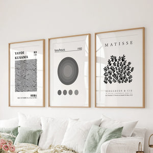 Black White Kusama, Matisse, Bauhaus Posters. Art Set of 3