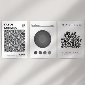 Black White Kusama, Matisse, Bauhaus Posters. Art Set of 3