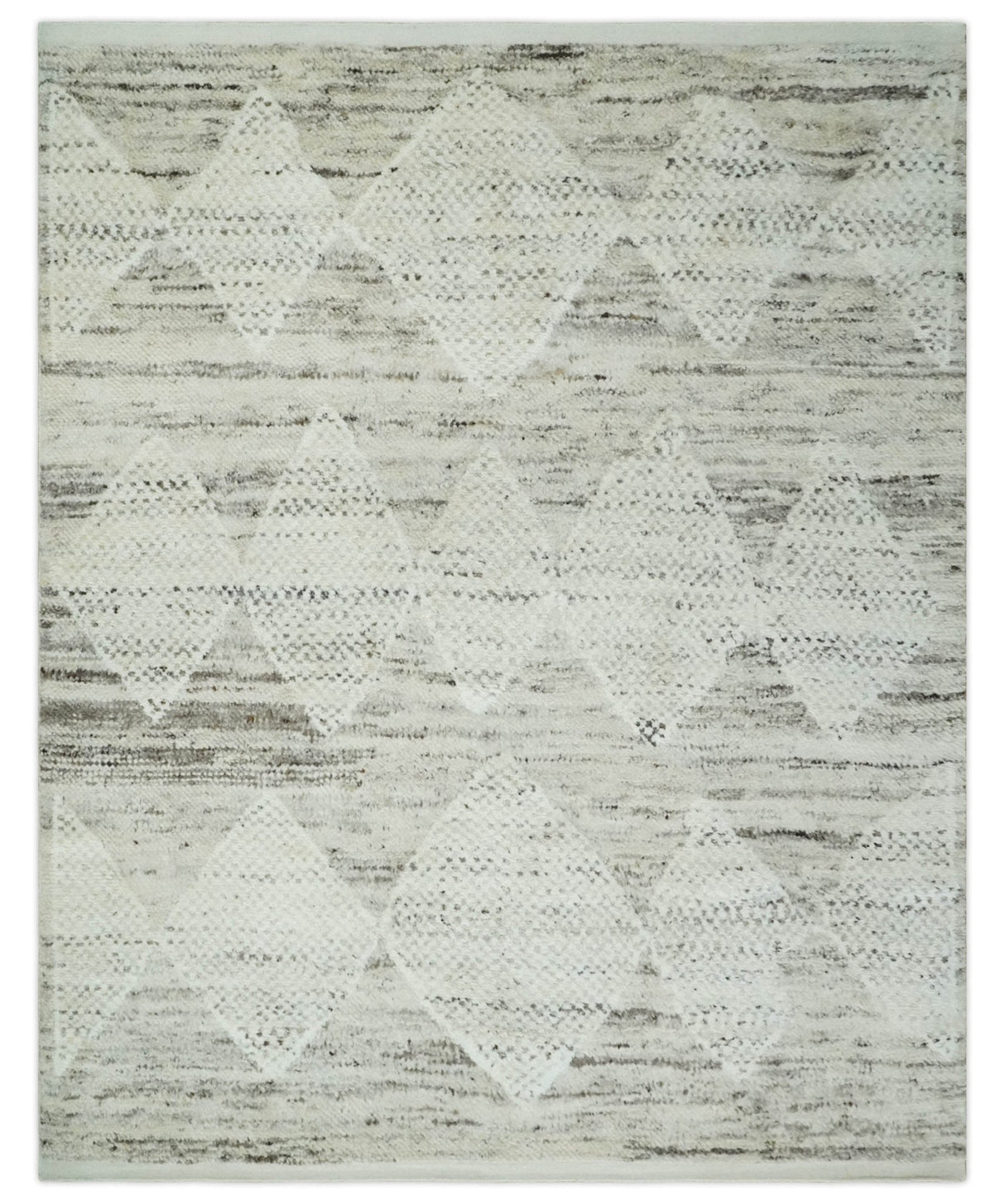 Contemporary Woolen Ivory and Brown 8.4x10.5 hand knotted Geometrical Area rug