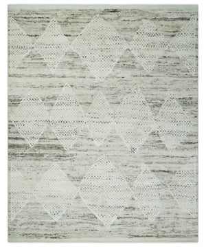 Contemporary Woolen Ivory and Brown 8.4x10.5 hand knotted Geometrical Area rug
