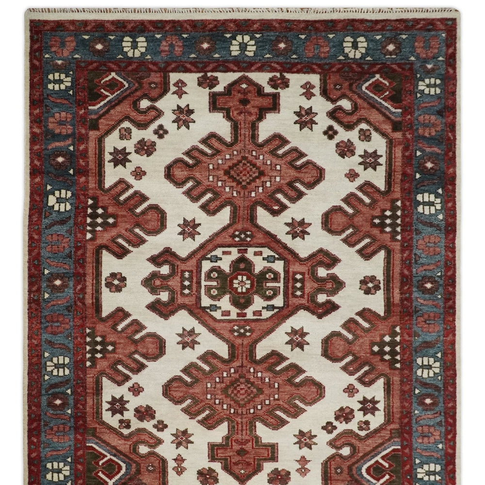 Coral Rust and Ivory Hand Knotted Traditional Heriz Serapi  Wool area Rug