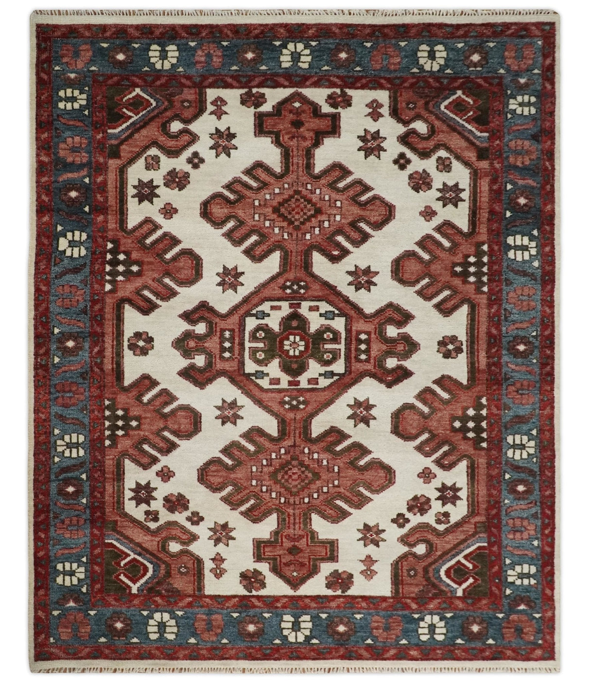 Coral Rust and Ivory Hand Knotted Traditional Heriz Serapi  Wool area Rug