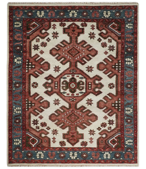 Coral Rust and Ivory Hand Knotted Traditional Heriz Serapi  Wool area Rug