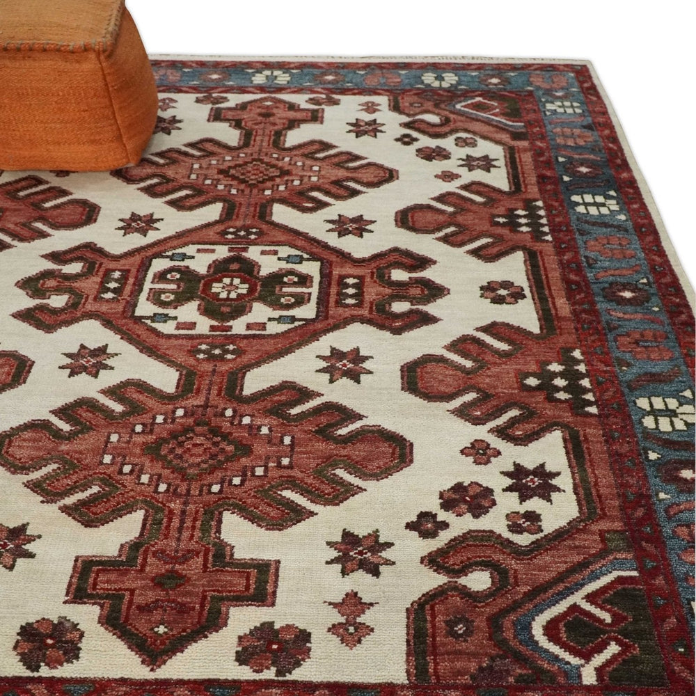 Coral Rust and Ivory Hand Knotted Traditional Heriz Serapi  Wool area Rug