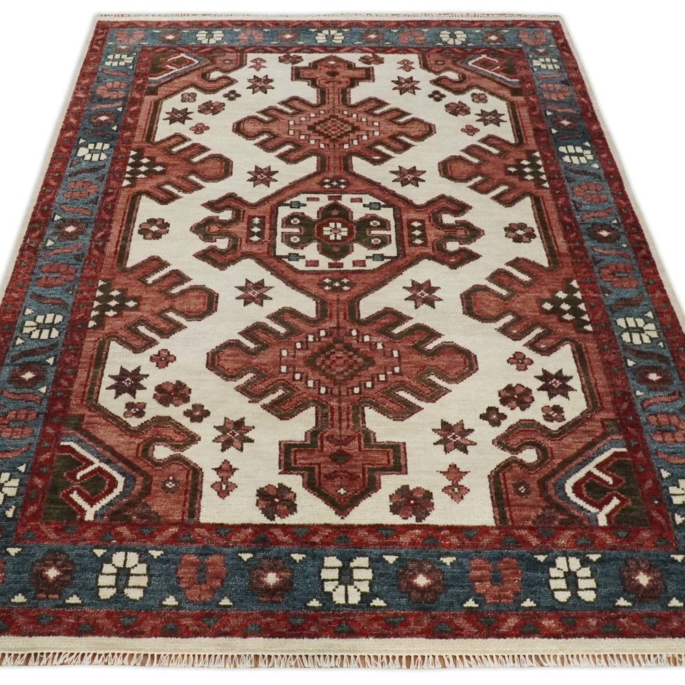 Coral Rust and Ivory Hand Knotted Traditional Heriz Serapi  Wool area Rug